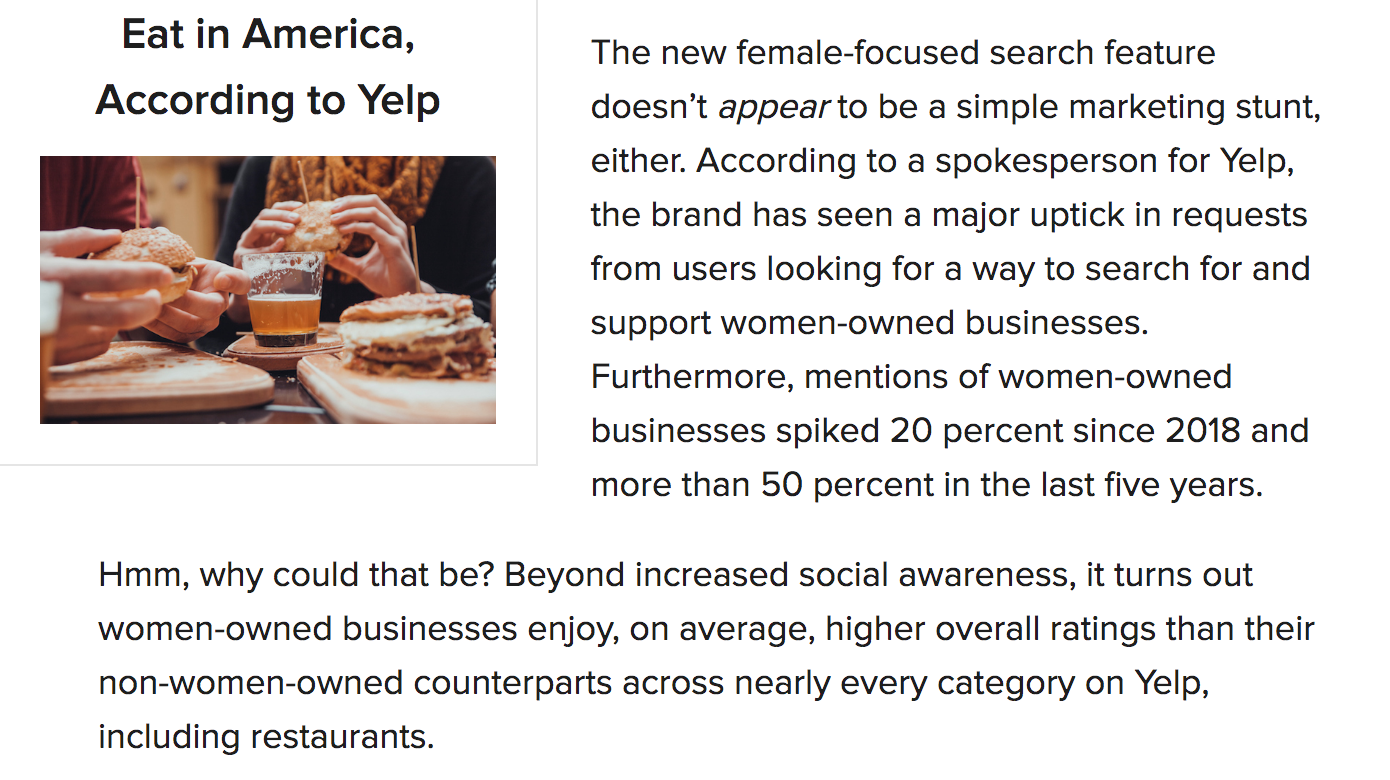 Female-focused search engine on Yelp description 